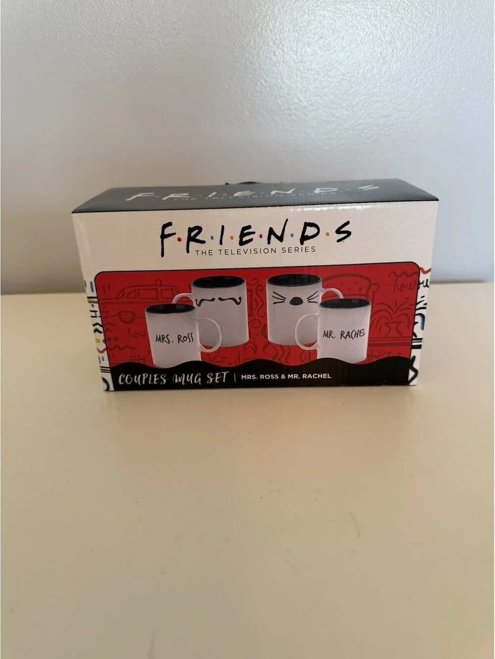 FRIENDS Mr. Rachel Whiskers & Mrs. Ross Moustache Double-Sided Mugs New Set of 2
